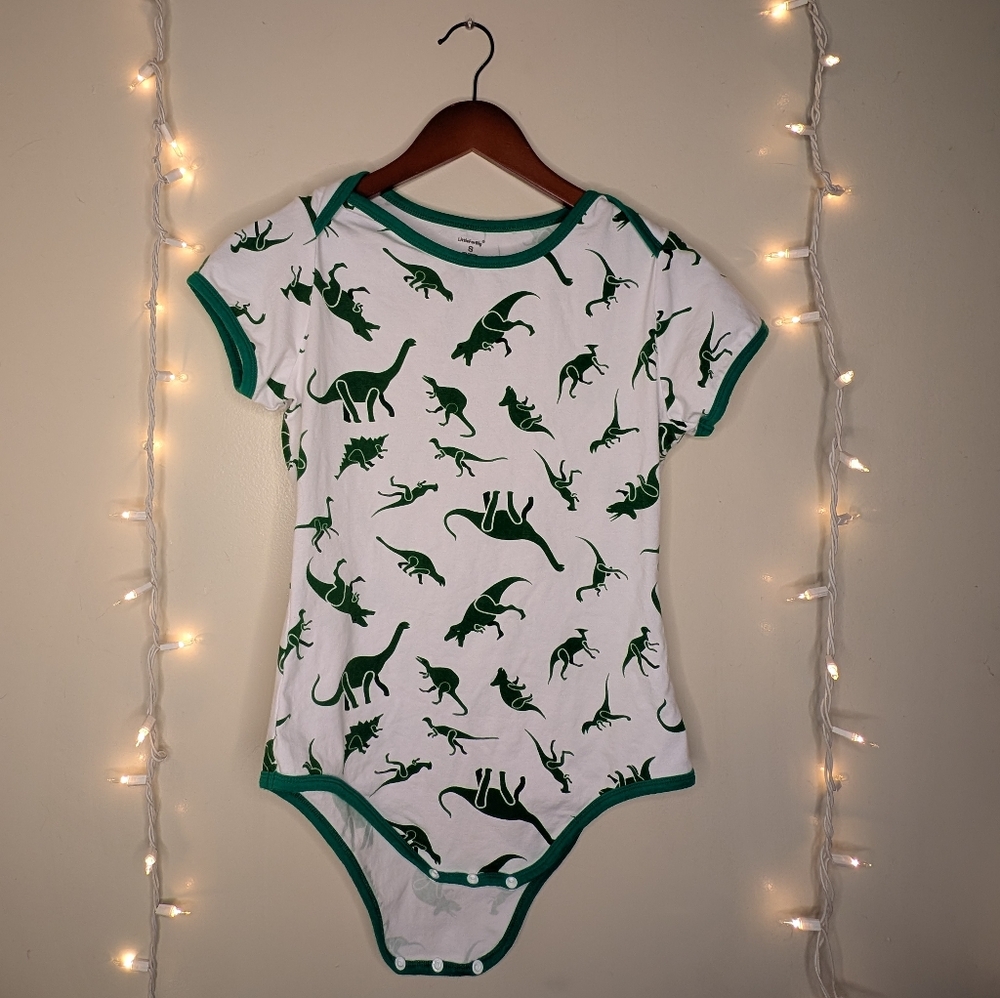 Littleforbig Women's Bodysuit – Green & White Dinosaur Print Onesie (SMALL)